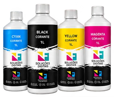 Tintas corante NF Soluções Digitais: ciano, preto, amarelo e magenta